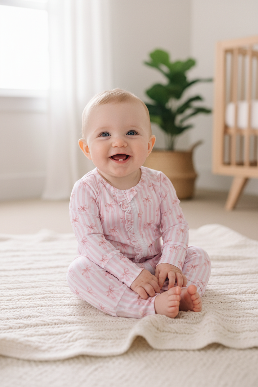Premium blush bow stripe bamboo romper