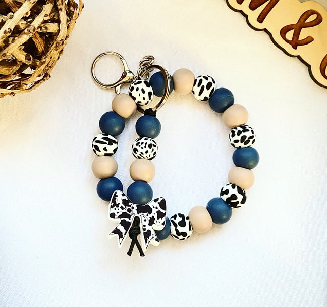 Navy Blue Cowprint Bead Wristlet