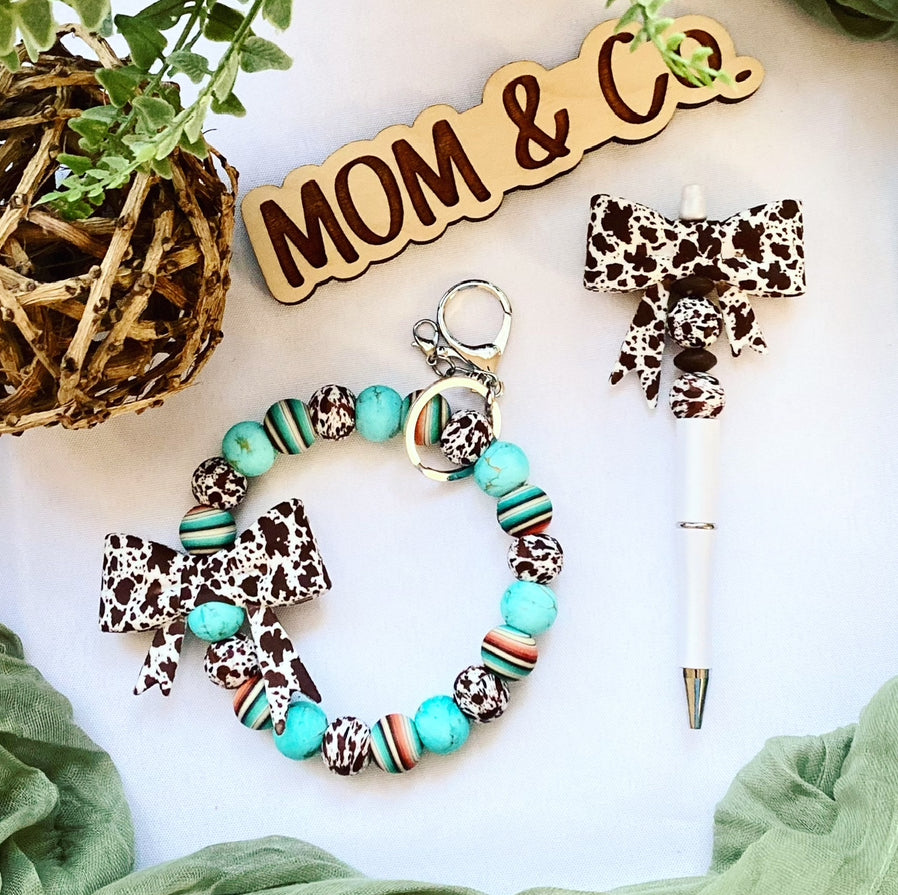 Western Brown Cowprint Bow Bead Wristlet and Pen