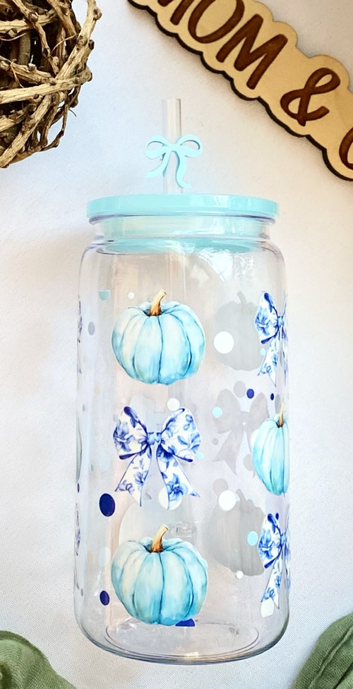Blue Pumpkin and Bows Plastic Acrylic Cup