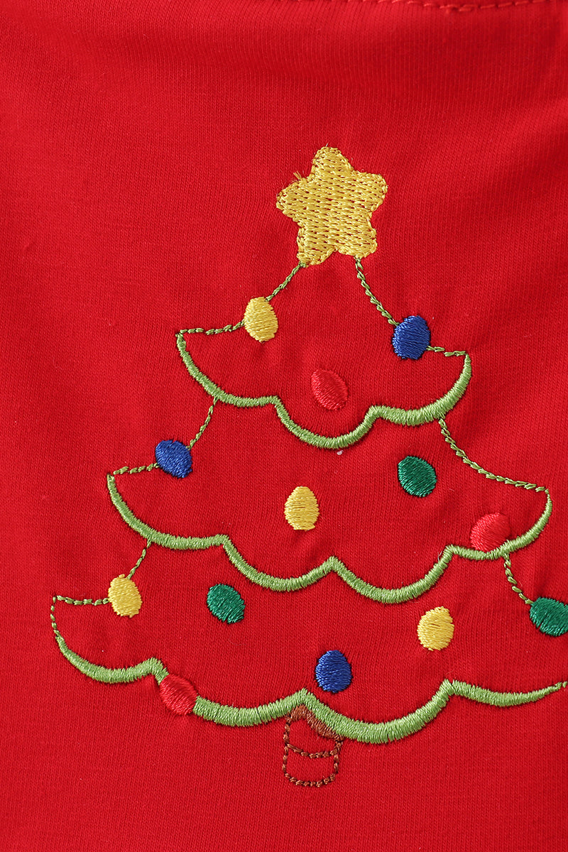 Red tree embroidery plaid jumpsuit set