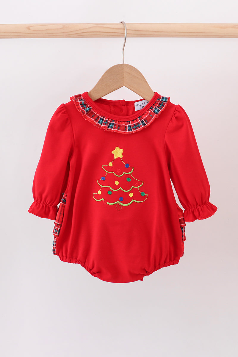 Red tree embroidery plaid ruffle bubble