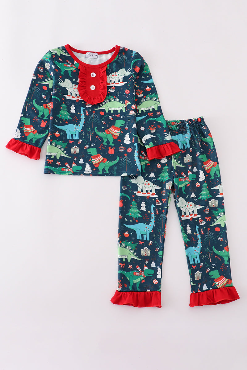 Green dinosaur print ruffle pants set