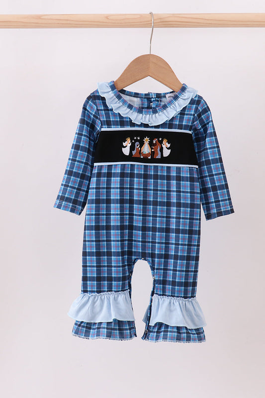 Navy nativity embroidery plaid ruffle romper