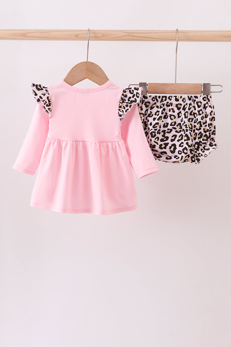 Pink santa claus leopard ruffle bloomer set