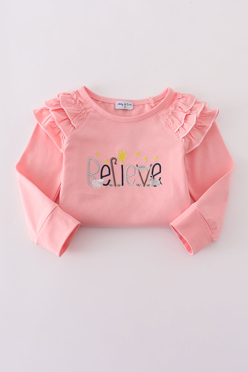 Pink believe embroidery ruffle top