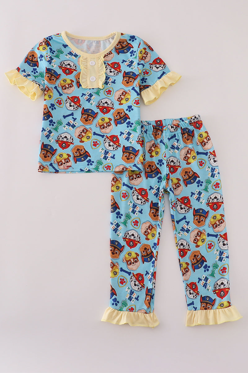 Blue character print ruffle pajamas set