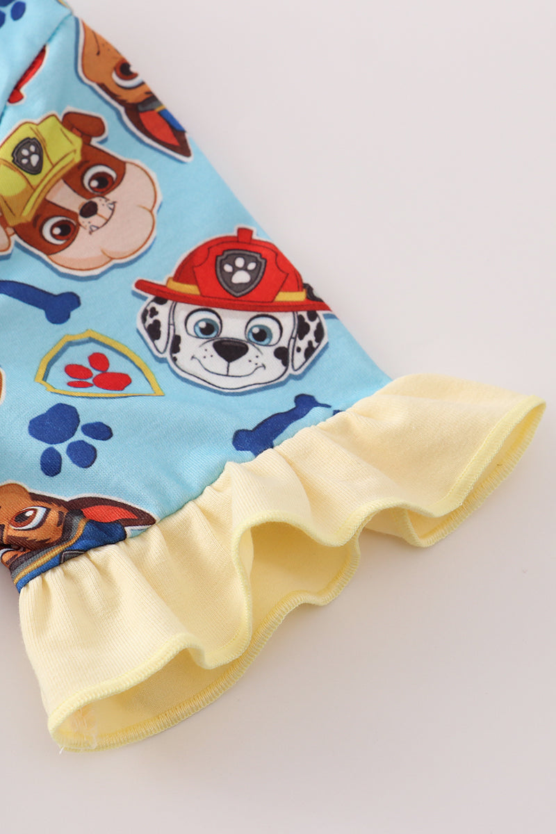 Blue character print ruffle pajamas set