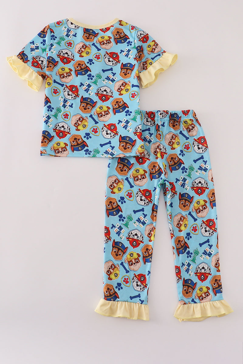Blue character print ruffle pajamas set