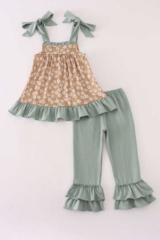 Mustard & mint floral print ruffle pants set