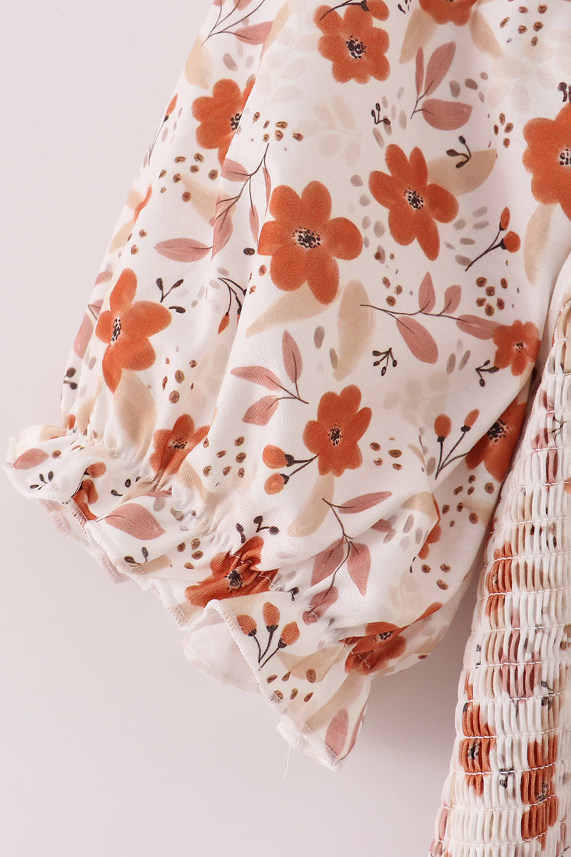 Fall floral print smocked mom dress