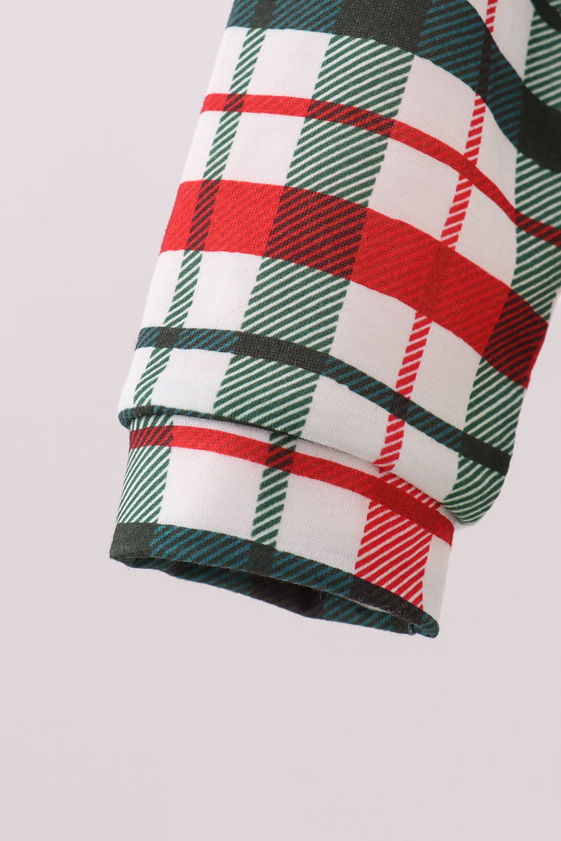 Green christmas reindeer applique plaid 2pc jumpsuit set