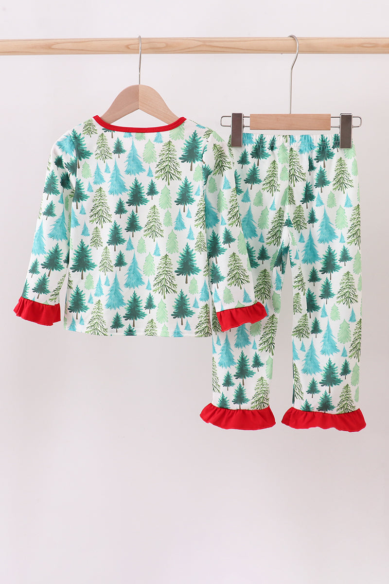 Green christmas tree print ruffle pajamas set