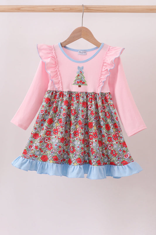 Pink christmas tree applique ruffle dress