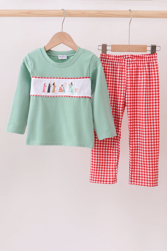 Green nativity embroidery pants set