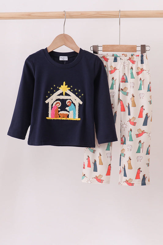 Navy nativity french knot pants set