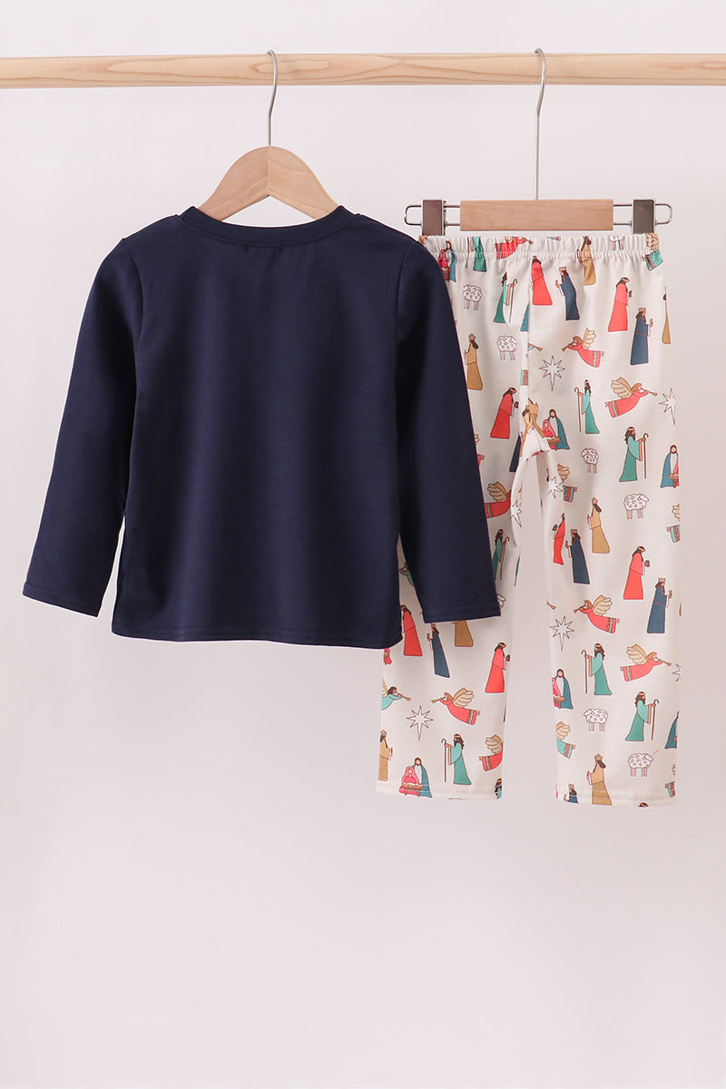 Navy nativity french knot pants set