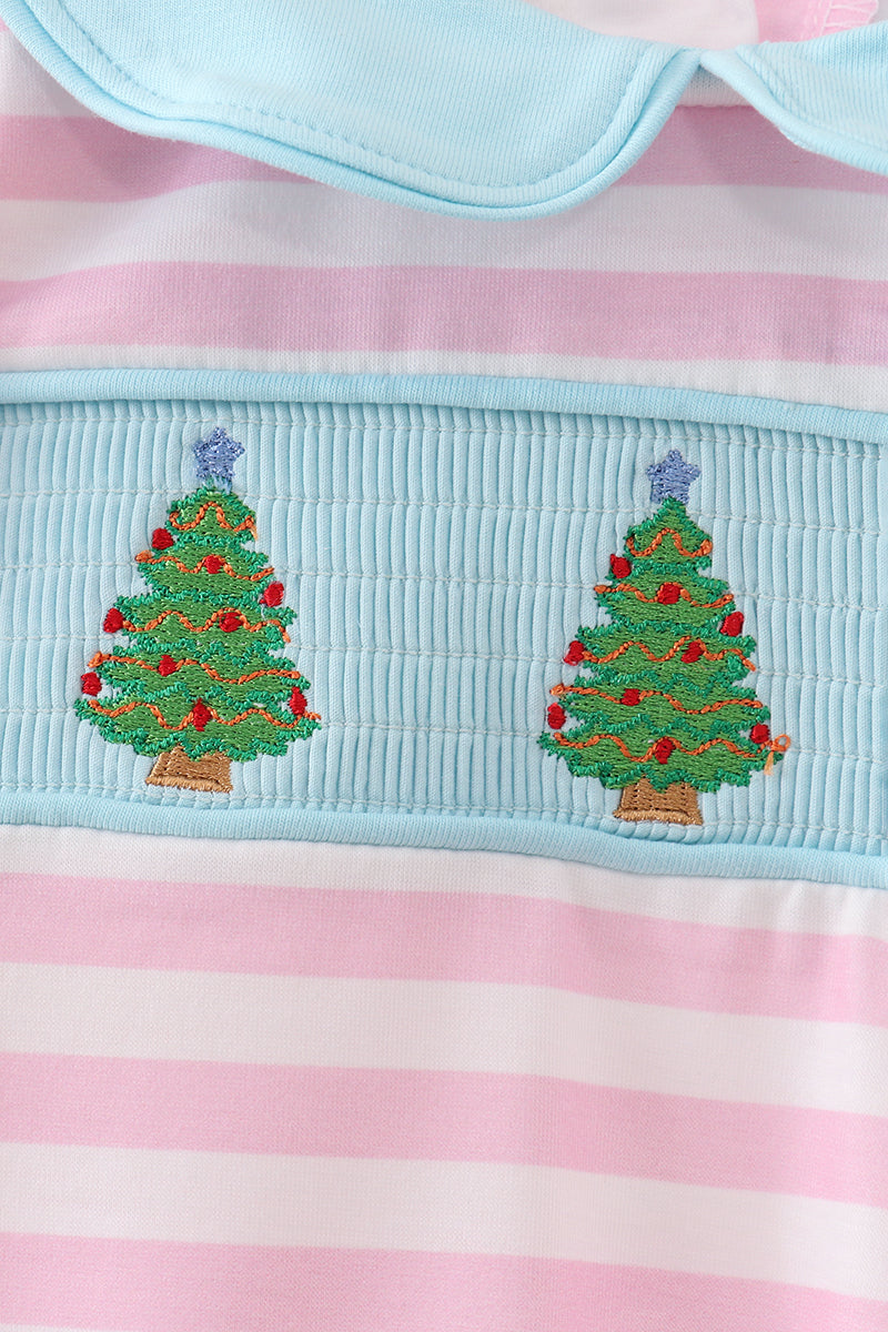 Pink christmas tree smocked stripe ruffle romper