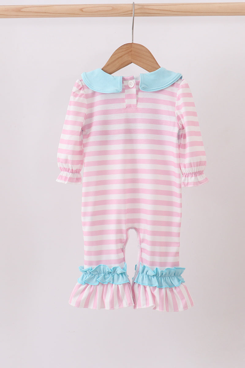 Pink christmas tree smocked stripe ruffle romper