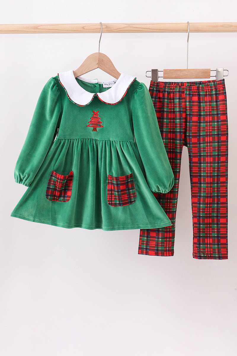 Green christmas tree applique velvet pants set