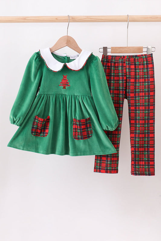 Green christmas tree applique velvet pants set