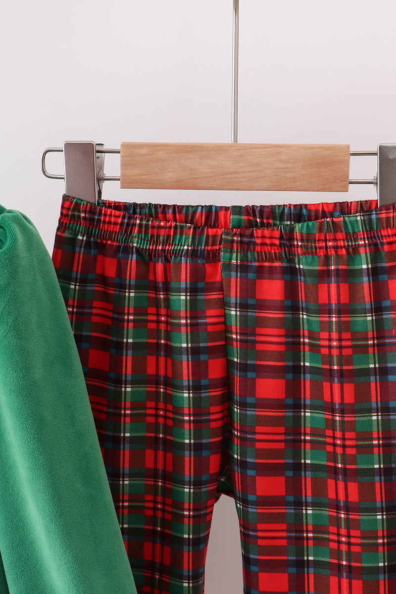 Green christmas tree applique velvet pants set