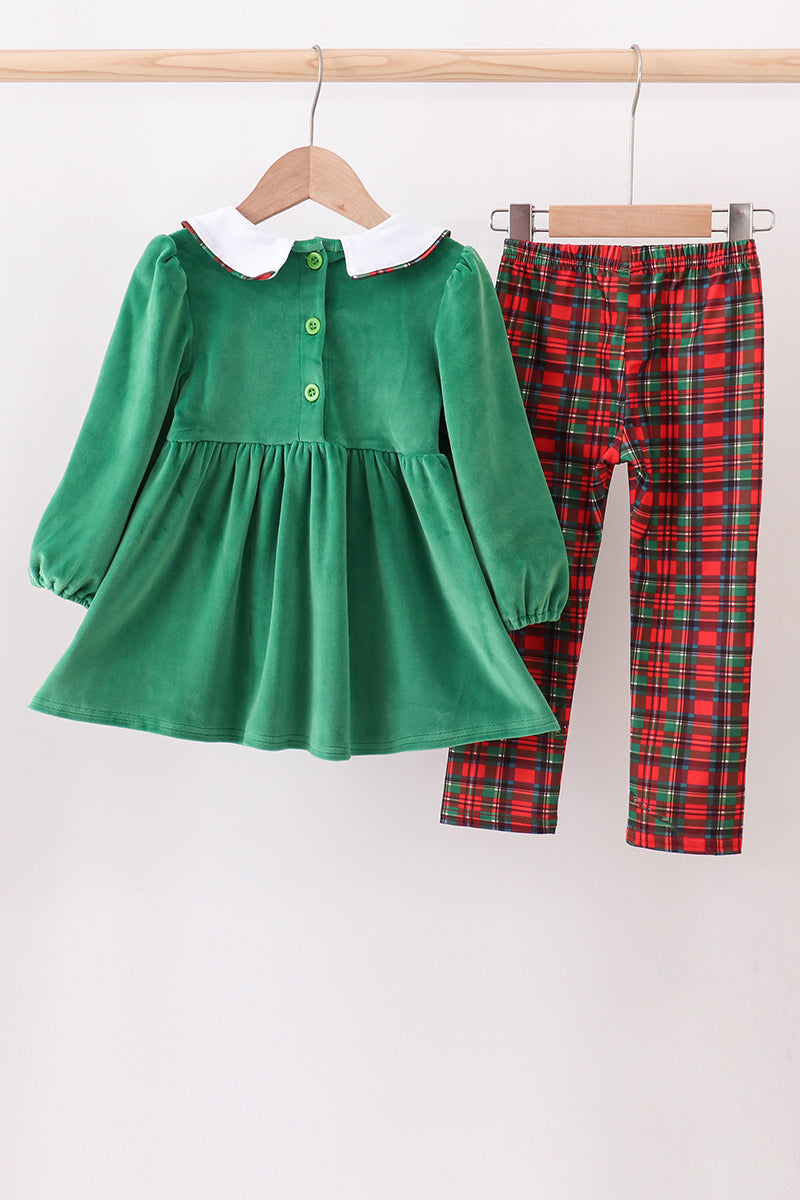 Green christmas tree applique velvet pants set