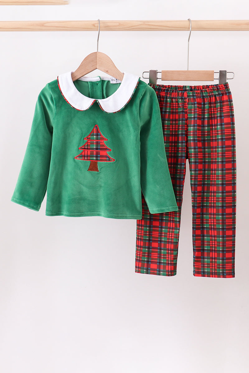 Green christmas tree applique pants set