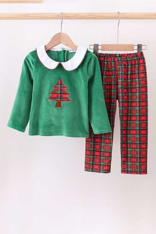 Green christmas tree applique pants set