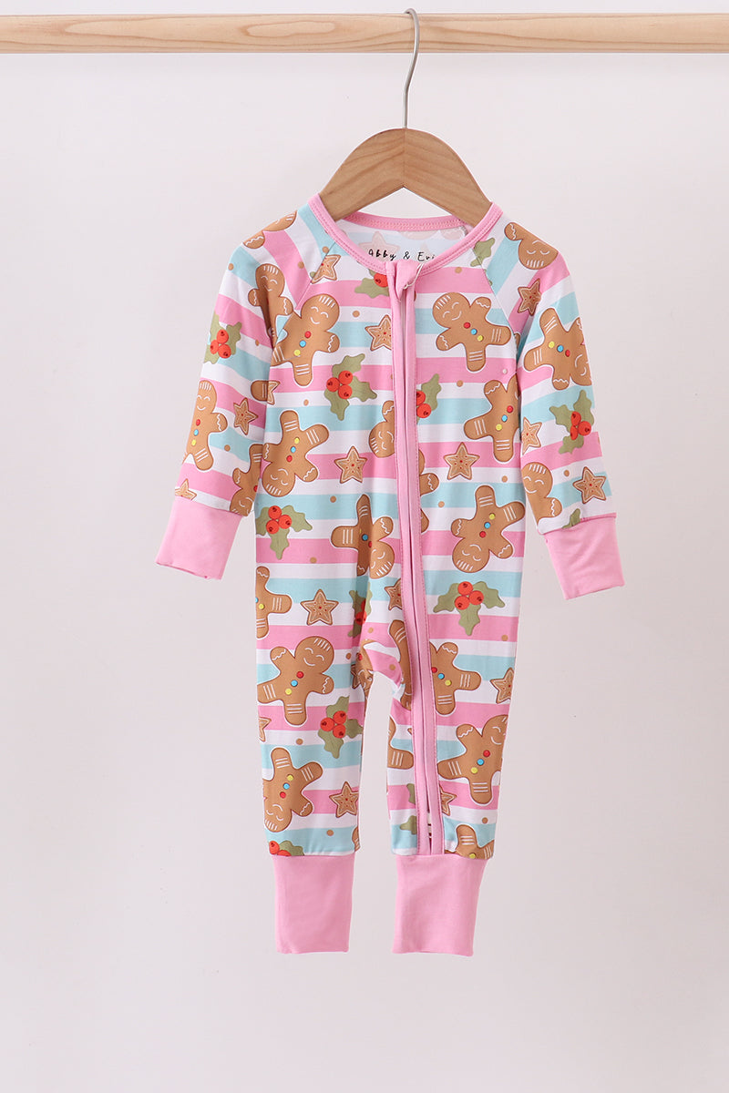 Pink christmas gingerbread bamboo pajamas zipper romper
