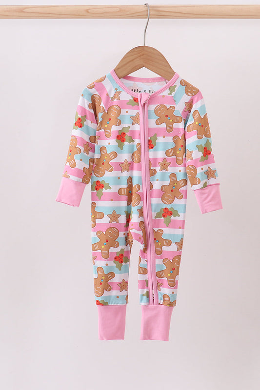 Pink christmas gingerbread bamboo pajamas zipper romper