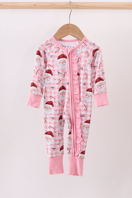 Pink santa claus bamboo pajamas zipper romper