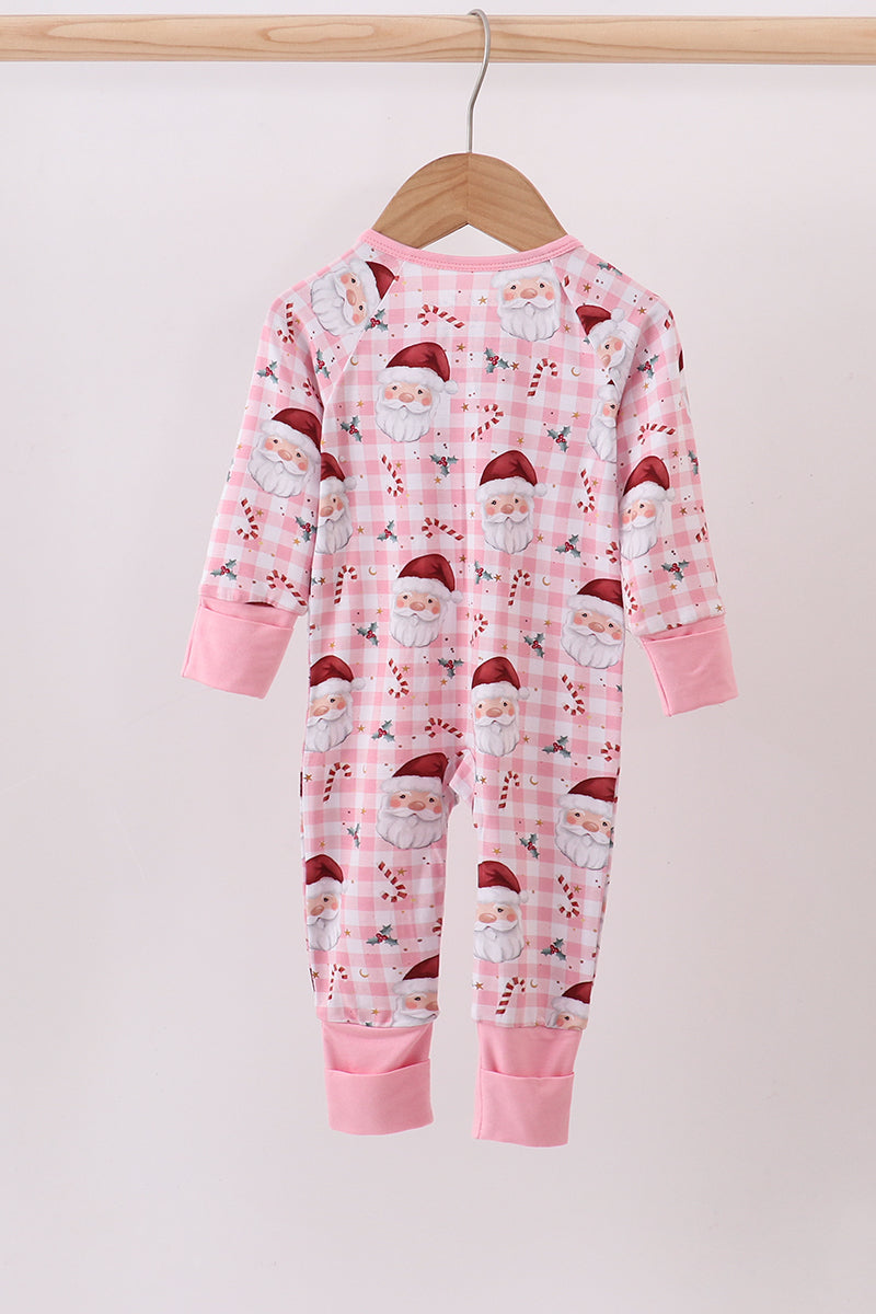 Pink santa claus bamboo pajamas zipper romper