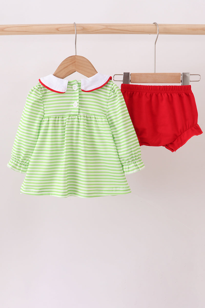 Green christmas grinch embroidery stripe bloomer set