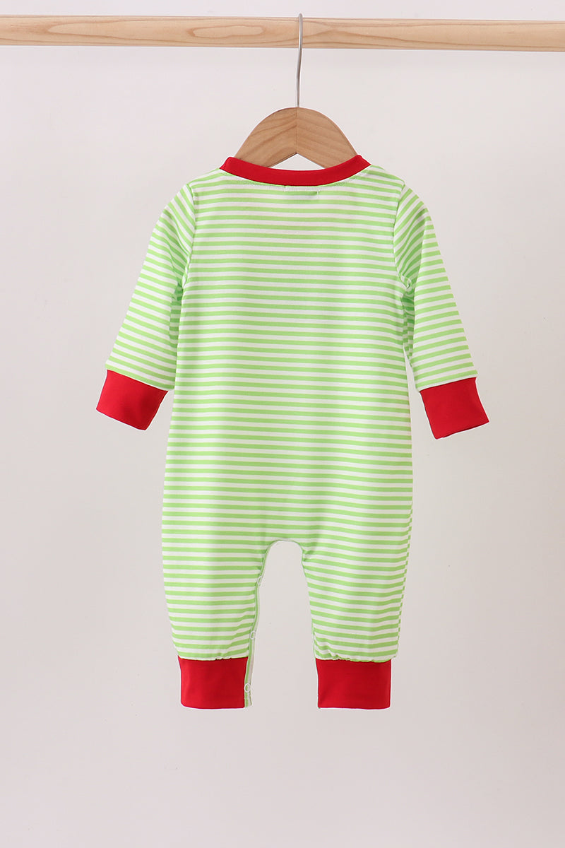 Green christmas grinch embroidery stripe romper
