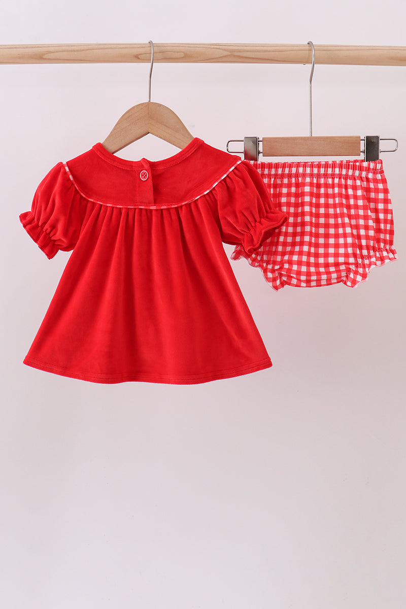 Red bow embroidery velvet bloomer set