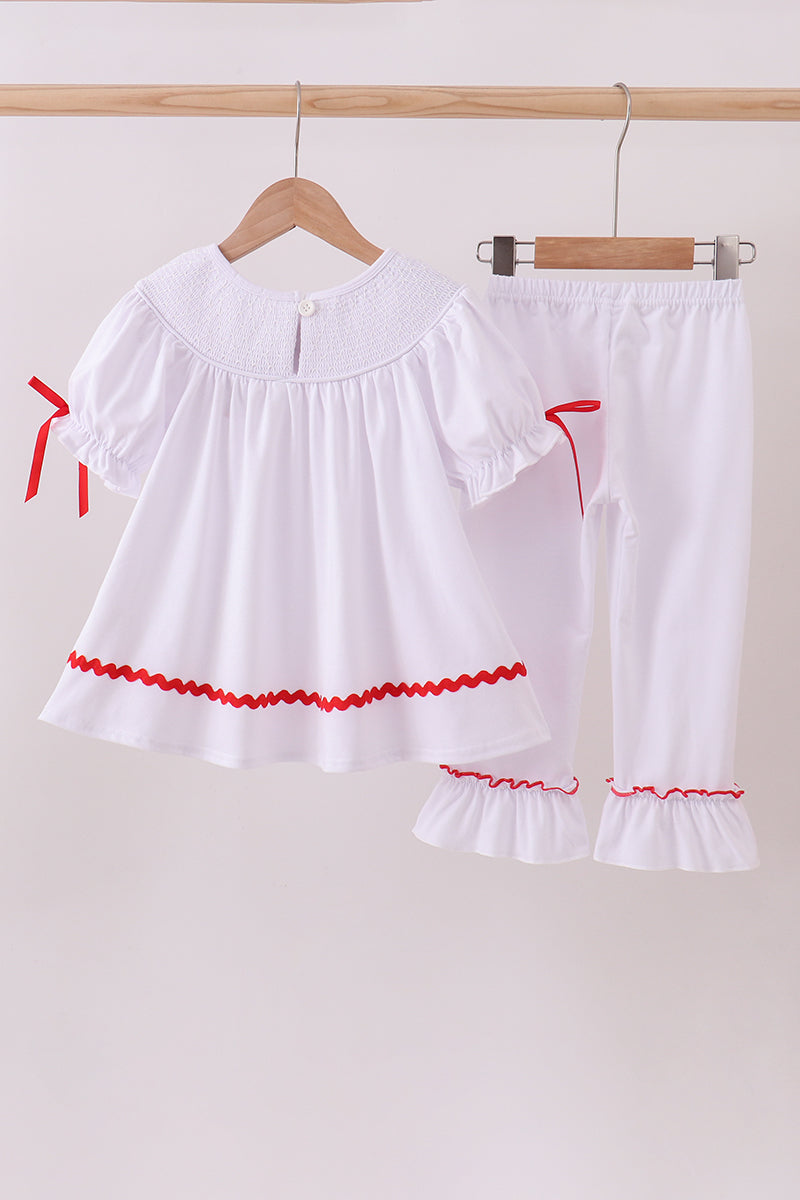 White santa claus smocked ruffle pants set