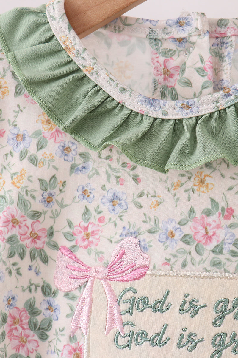 Green floral god is great embroidery ruffle bubble