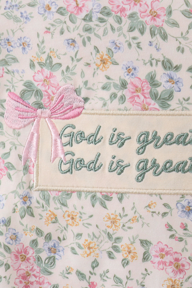 Green floral god is great embroidery ruffle pants set