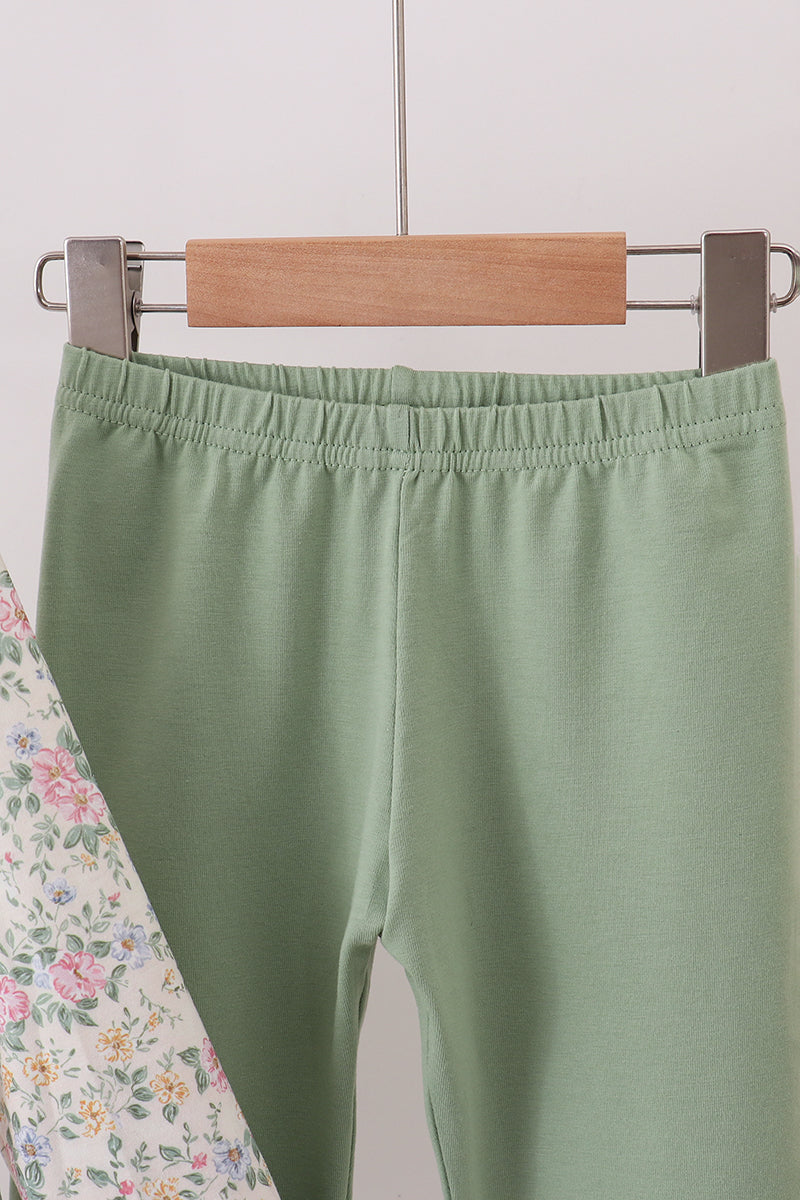 Green floral god is great embroidery ruffle pants set