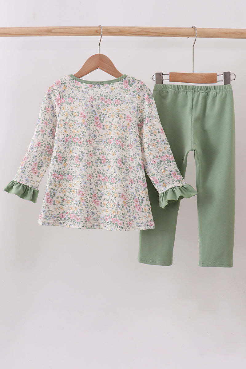 Green floral god is great embroidery ruffle pants set