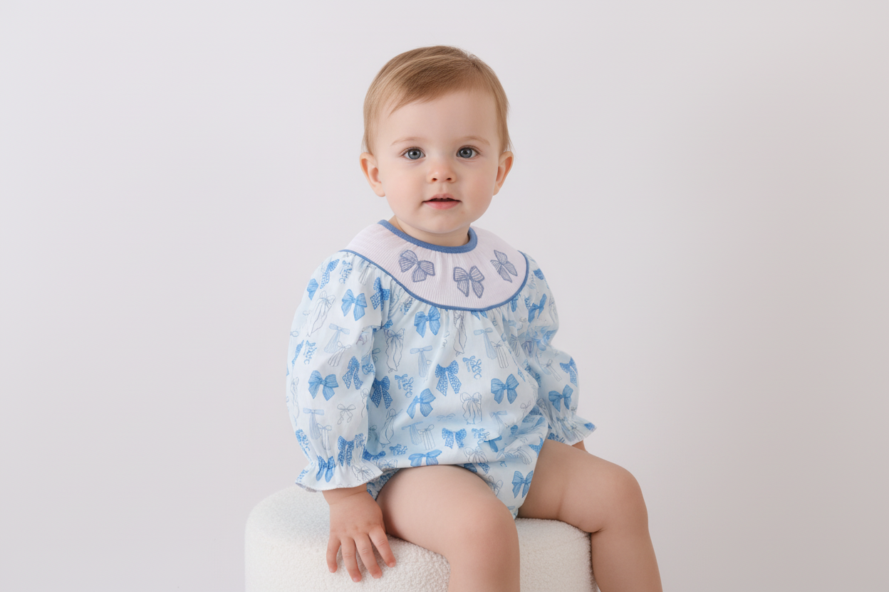 Blue bow smocked bubble