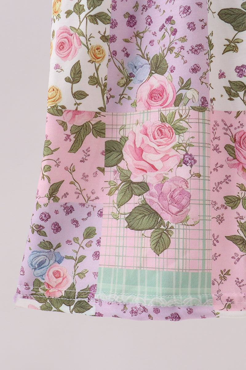 Purple floral checkered ruffle jumpsuit