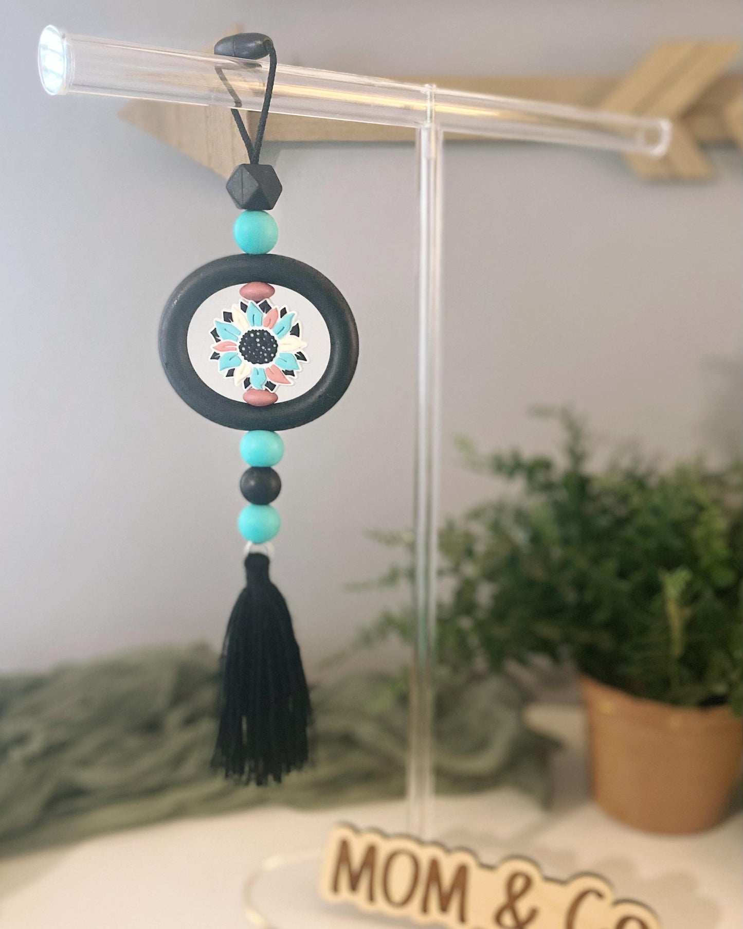 Black Turquoise Sunflower Car Charm
