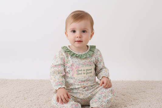 Green floral god is great embroidery ruffle bubble